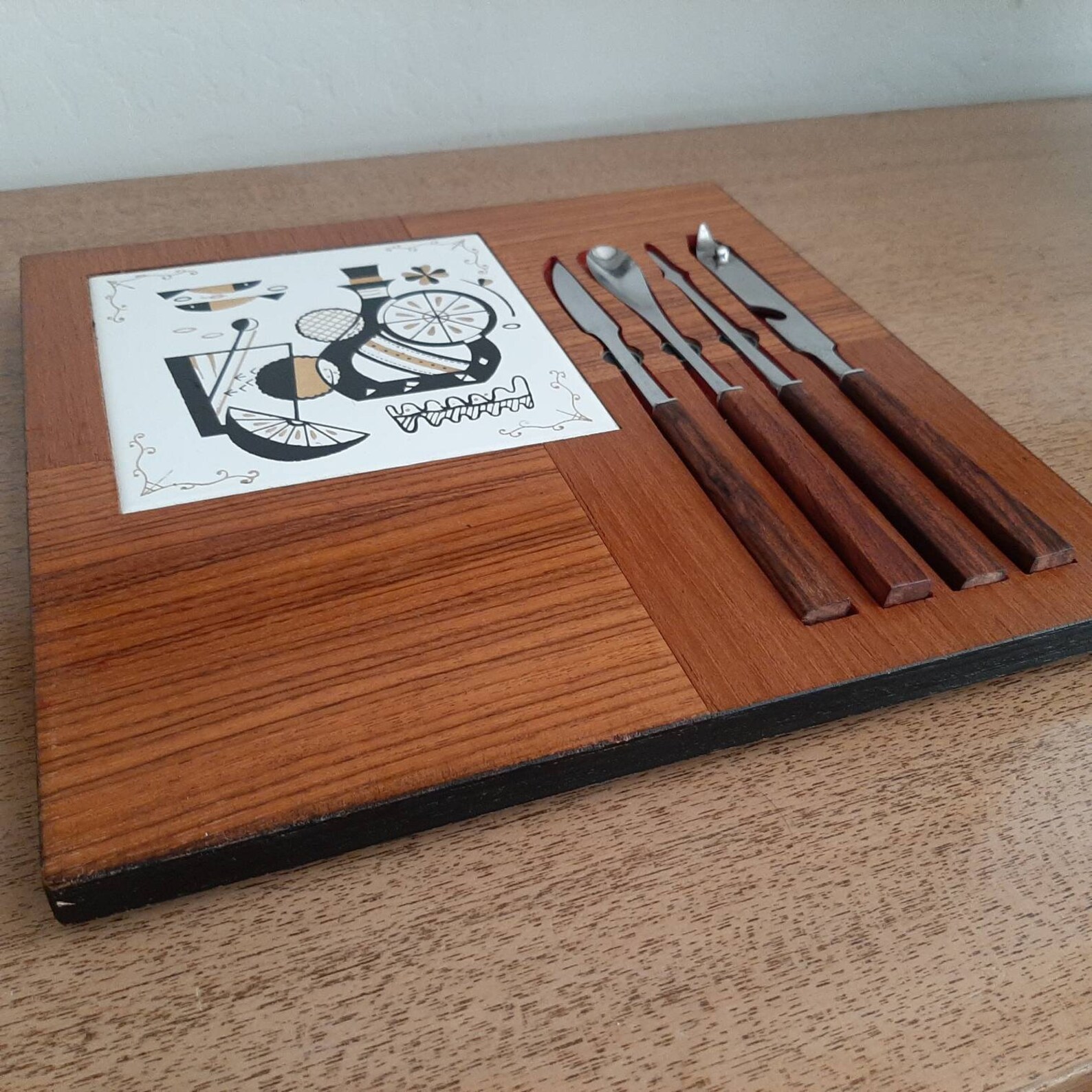 Mid Century Modern Wood Bar Tray With Utensils Etsy