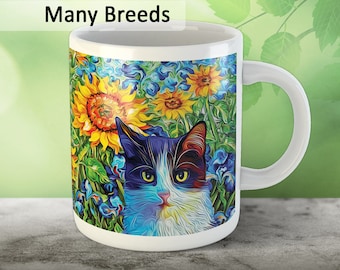 Cats Sunflowers Mug, Personalized Tabby Cat Mug, Fine Art Coffee Cup, Ragdoll Cat Mug, Cat Mom Gift, Cat Dad,  Custom Van Gogh Mug