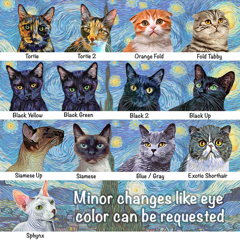 Starry Night Choose: Tortioseshell Cat, Tortie, Siamese, British Shorthair, Fluffy Tabby, Maine Coon Cat, Ragdoll, Orange Long Hair Cat, Black Cat, Chat Noir