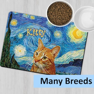 Personalized Cat Placemat, Custom Cat Feeding Mat, Cat Place Mat, Pet Feeding Station, Cat Bowl Mat, Starry Night Placemat, Cat Owner Gift