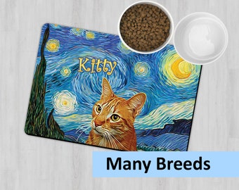 Personalized Cat Placemat, Custom Cat Feeding Mat, Cat Place Mat, Pet Feeding Station, Cat Bowl Mat, Starry Night Placemat, Cat Owner Gift