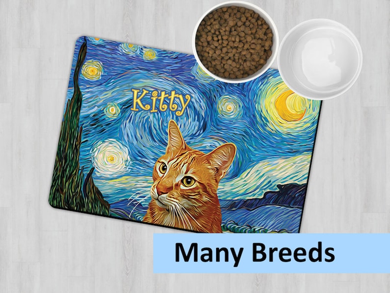 Orange Tabby Cat Starry Night Pet Placemat with custom name