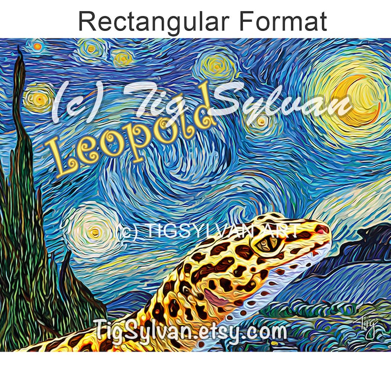Leopard Gecko Starry Night Artwork in landscape format.