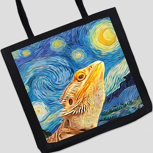 Starry Night Bearded Dragon Tote Bag, Van Gogh Starry Night, Aesthetic Totebag, Pogona Canvas Bag, Beardie Lover Gift