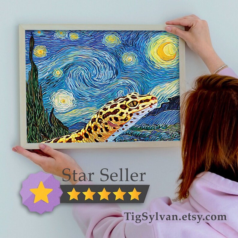 May include: A digital painting of a leopard gecko in a starry night sky, reminiscent of Vincent van Gogh's "Starry Night". The gecko is facing the viewer with its head tilted slightly to the side. The background is a swirling blue sky with yellow stars and a crescent moon.