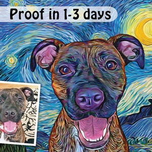 DIGITAL Starry Night Portrait Of Your Pet, Custom Pet Art From Photo, Personalized Dog Illustration, Pet Remembrance Painting, Van Gogh