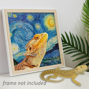 May include: A bearded dragon lizard looking up at a starry night sky, painted in the style of Vincent van Gogh's "Starry Night".