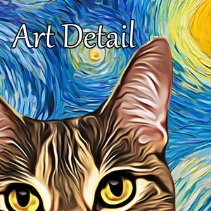 Closeup of artwork on the pet placemat with a Tabby Cat and Starry Night.