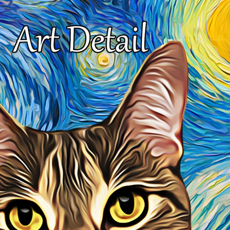 Closeup of artwork on the pet placemat with a Tabby Cat and Starry Night.
