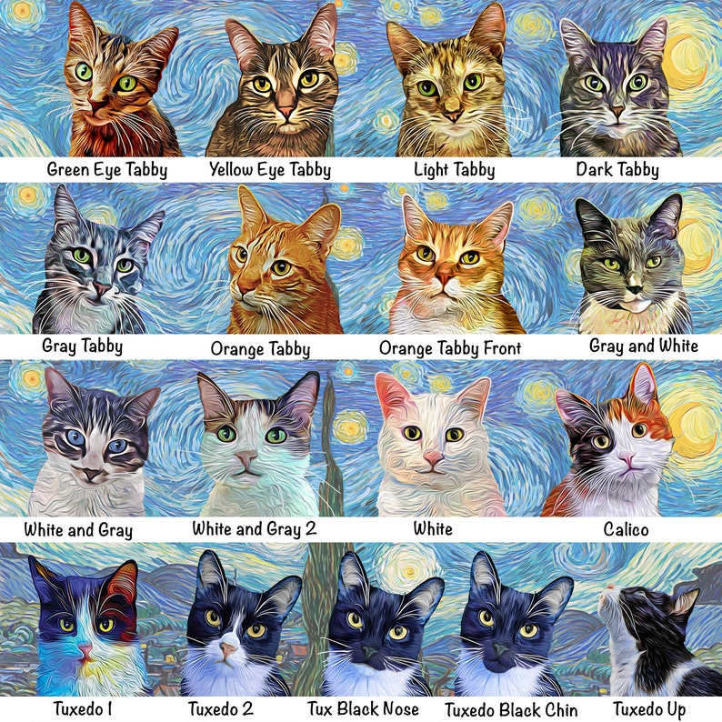 Starry Night Choose: Green Eye Tabby, Yellow Eye Tabby, Gray Tabby, Orange Tabby Cat, White and Grey Cat, Orange and White Kitten, White Kitty, Calico Cat, Tuxedo Cat