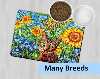 Personalized Cat Placemat, Custom Cat Feeding Mat, Cat Place Mat, Pet Feeding Station, Cat Bowl Mat, Sunflowers Cat Placemat, Cat Owner Gift