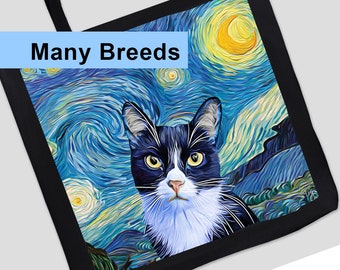 Starry Night Cat Tote Bag, Custom Tote Bag, Van Gogh Starry Night, Tuxedo Cat Bag, Aesthetic Totebag, Art Supply Tote, Cat Lover Gift