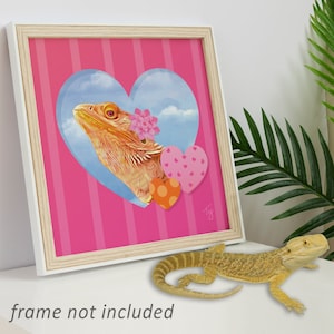 Bearded Dragon Pink Heart Art Print, Valentines Beardie