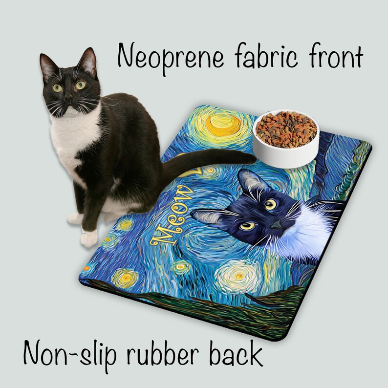Tuxedo Cat feeding mat with Starry Night design.  Made with Neoprene fabric and non-slip rubber back.  Hand wash.