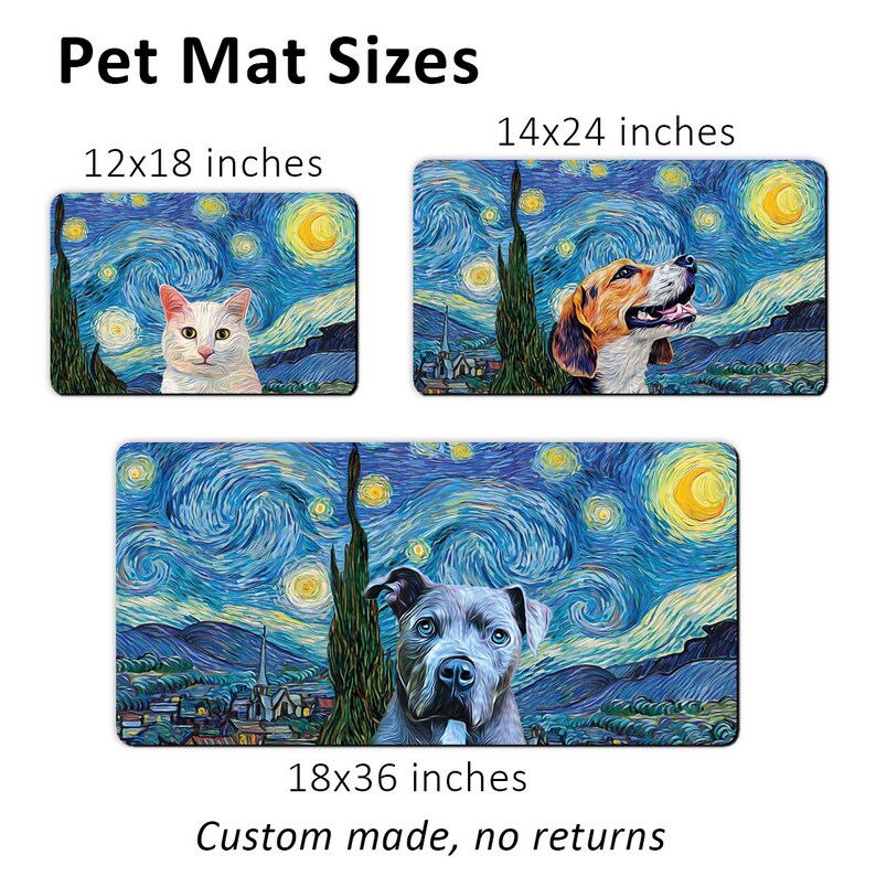 Three sizes of pet mats, 12x18, 14x24, and 18x36