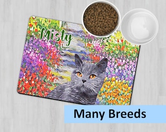 Personalized Cat Placemat, Custom Cat Feeding Mat, Floral Place Mat, Pet Feeding Station, Bowl Mat, Monet Garden Placemat, Cat Owner Gift