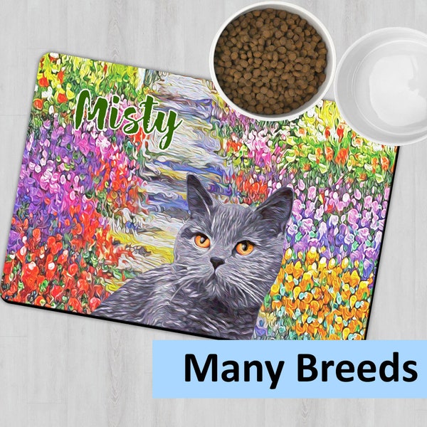 Personalized Cat Placemat, Custom Cat Feeding Mat, Floral Place Mat, Pet Feeding Station, Bowl Mat, Monet Garden Placemat, Cat Owner Gift
