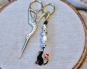 Embroidery Scissor Fob Set: Stork Scissors, Cat Charm, Craft Accessory