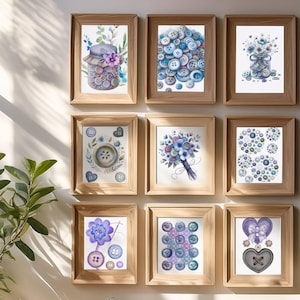 Sewing Quilt Studio Art: Set of 9 Button Digital Wall Art Prints