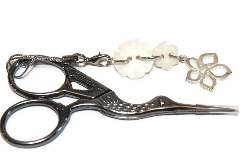 white flower button with flower charm embroidery scissors included Scissor fob