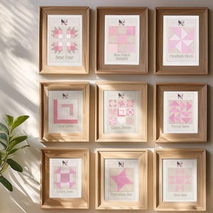 May include: Nine framed pink and white quilt block prints. Each framed print features a different quilt block design, including Bear Paw, Nine Patch Sampler, Pinwheel Block, Log Cabin, Classic Blocks, Flying Geese, Churn Dash, Friendship Star, and Ohio Star.