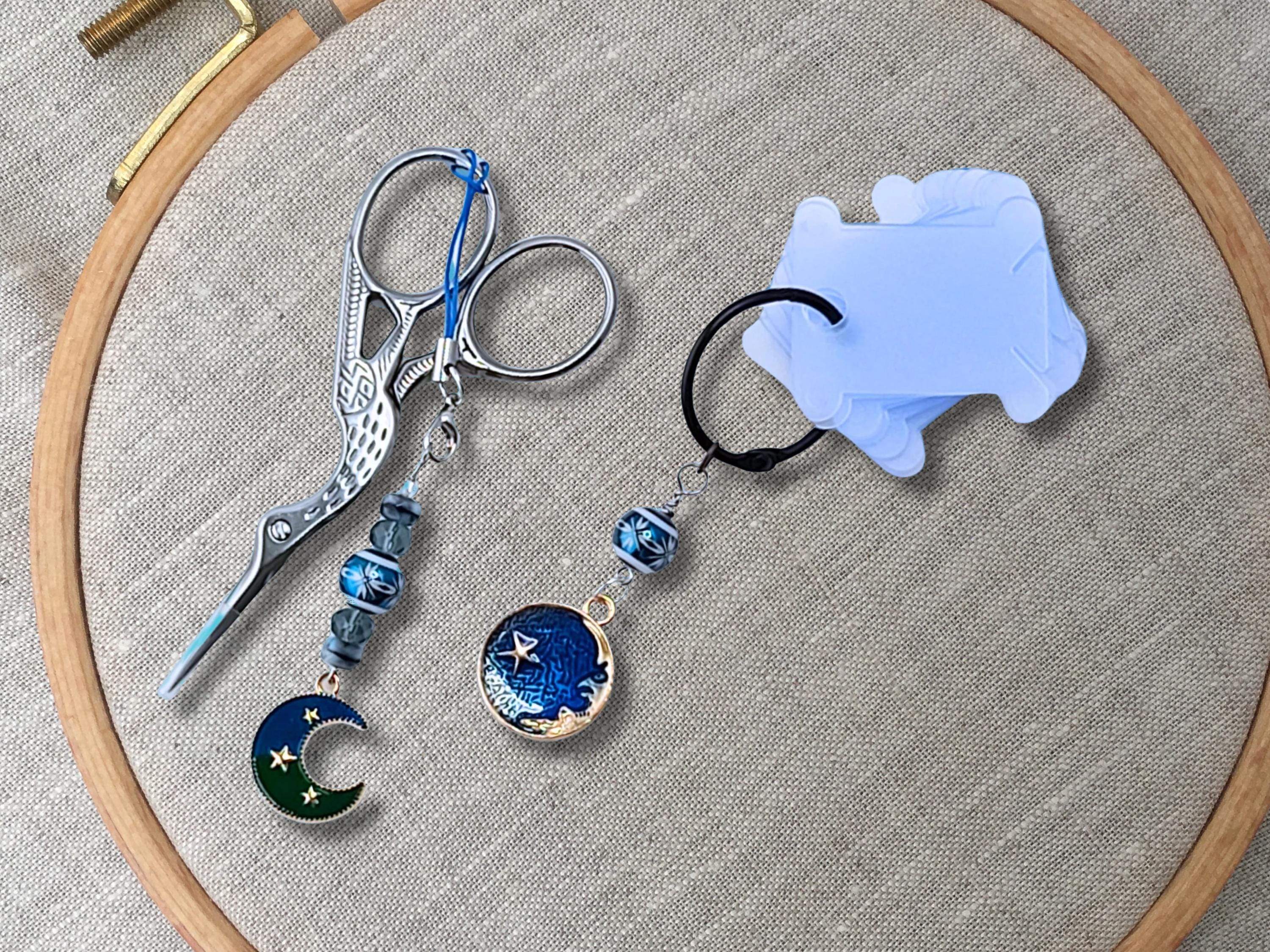 Needlework Accessory Set: Scissor Fob, Thread Keep Ring, Stork Scissors