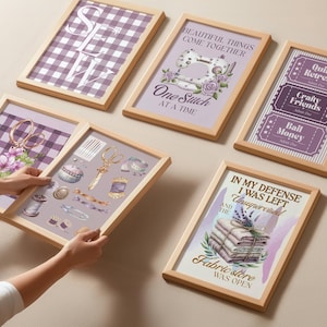 May include: A collection of framed art prints with a sewing theme. The prints feature text like "SEW", "Beautiful things come together", and "In my defense I was left unsupervised". The art includes images of sewing machines, scissors, and fabric.