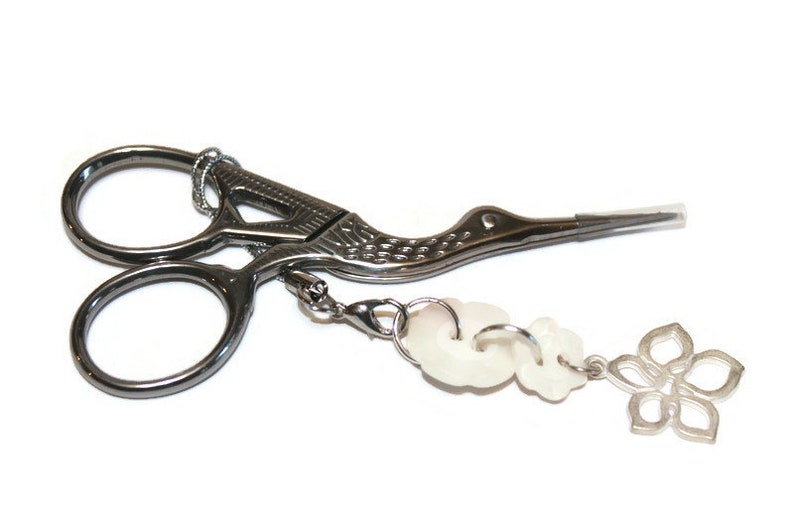 white flower button with flower charm embroidery scissors included Scissor fob