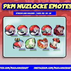 May include: A collection of PKM Nuzlocke emotes, featuring various designs including Poke Balls, a broken Poke Ball, and a partially eaten apple. The text "First Encounter" and "FAILED" are also present. The image includes social media handles.