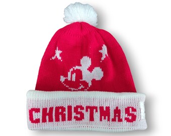 Gorro de Navidad vintage de Disney con pompón de acrílico de Mickey Mouse, rojo y blanco, con diseño de dibujos animados, talla única.