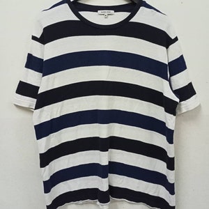 Global Work Border  Striped T shirt  Japanese Brand Blue Black White Punk Grunge Retro Fashion Unisex Size Xl