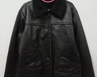 Vintage Rollergear Black Leather Jacket Bomber Leather Jacket Sherpa Jacket Fleece Linned Workwear Winter Outdoor Casual Jacket Size M