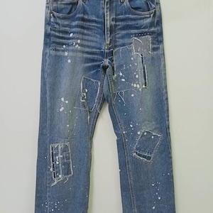 Japanese Patchwork Paint Splatter Light Blue Men Jeans Waist 31 / Blue Denim / Streetwear Style/ Boro denim / Harajuku