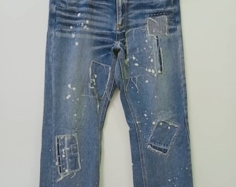 Vintage Distressed Custom Patchwork Denim Jeans -  Boro Style Paint Splatter Pants - Sustainable Upcycled Streetwear - Waist 31
