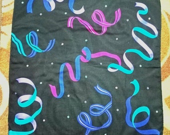 Vintage Emanuel Ungaro Silk Handkerchief, Black with Blue & Pink Ribbon Print, Luxury Designer Neckerchief, Made in Italy