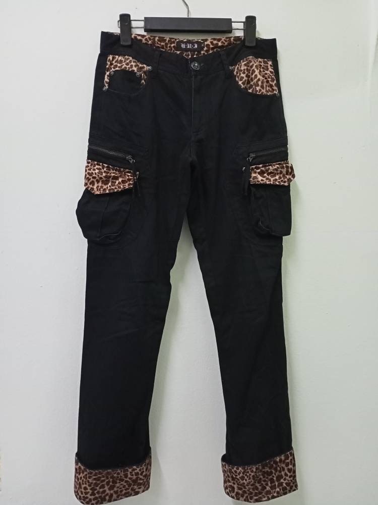 Black Cargo Flared Pants Leopard Lined Punk Pants Streetwear
