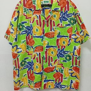 United Colors Of Benetton Fruit Print Button Down Shirt Large Hawaiian Shirt Summer Style Streetwear Beach wear Vintage Shirt Size L