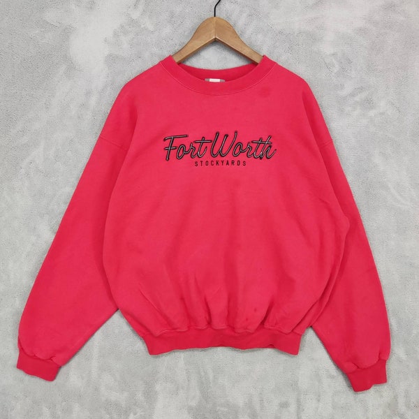 Vintage Fort Worth Stockyards Red Sweatshirt Crewneck Stockyards Sweater Pullover Embroidered Logo Hictorical Souvenir Men Women Size XL