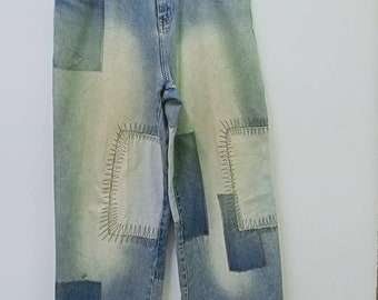Vintage Akademiks Patchwork Denim Jeans - Boro Style Baggy Pants - Light Wash Faded Distressed Streetwear - Waist 34