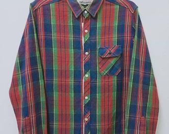 Vintage Plaid Flannel Shirt Multi-Color Red Green Blue , Heavy Cotton Check Button Down, 90s Grunge Americana Workwear, Medium Size