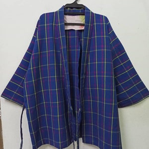 Vintage Japanese Kimono Blue Checkered Extra Large Kimono Short Kimono Robe Haori Japanese Jacket Japanese Kimono Traditional Size XL