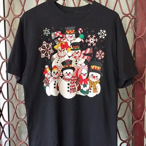 Vintage 90s Snowman Graphic T shirt Black crewneck shirt Cartoon Art Cute Snowman Hanes Made in Usa Single Stitch Men Women Size L