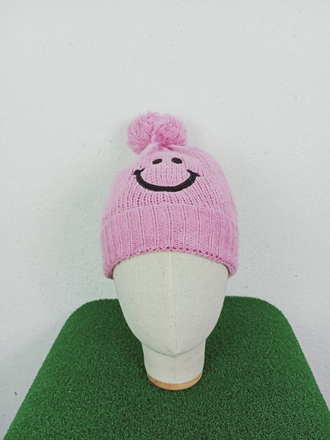 CUTE HAT Beanie Smile Face Embroidery smiley knitted Rose Beanie Cap Rolled… Embroidered Smiley Face Beanie | Smiley Face Toboggan  main image 2