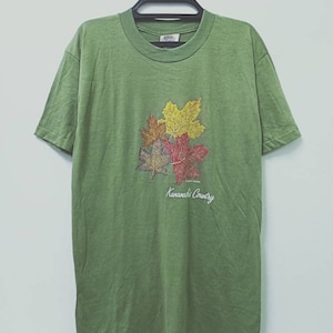 Pode incluir: Camiseta verde com um gráfico de folhas de outono coloridas e o texto "Kanawha Country".