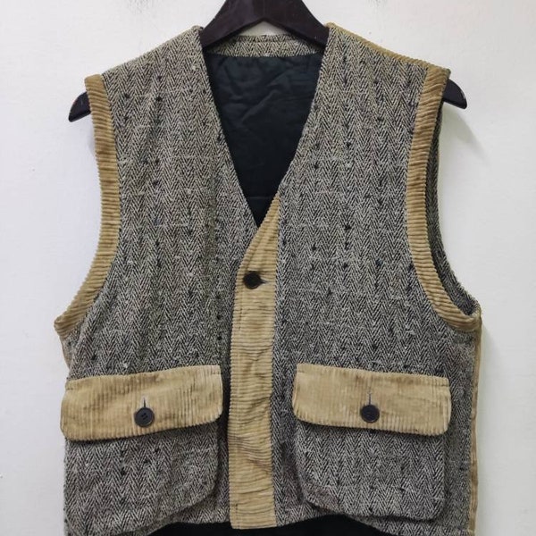 vintage japonais laine velours côtelé gilet Victorio Carini gilet extérieur gilet décontracté style classique gris marron gilet hommes femmes taille M