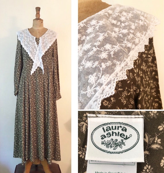 1980s Vintage Laura Ashley with lace shawl collar