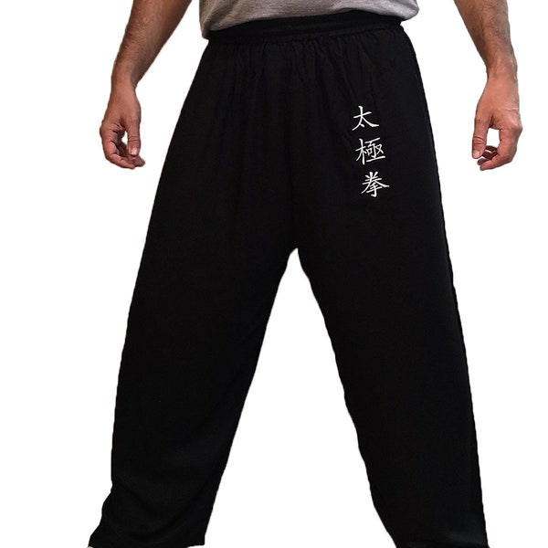 Tai-Chi-Hose, sehr lockere Hose, bestickte Hose, an den Knöcheln offen, schwarz