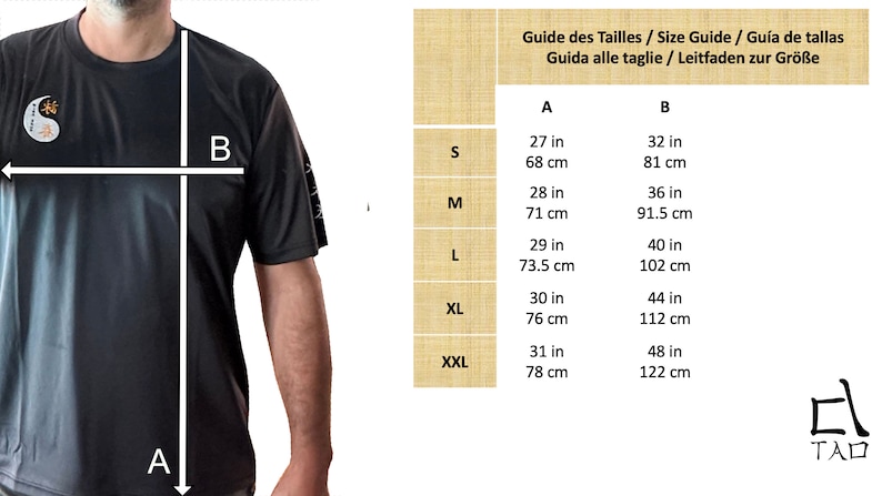 Puede incluir: Camiseta deportiva negra con un logotipo y una gu&iacute;a de tallas. La gu&iacute;a de tallas incluye medidas en cm y pulgadas para el pecho y la longitud, que van de 68 cm a 78 cm de largo.