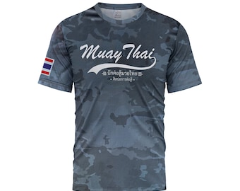 Camiseta deportiva de Muay Thai para hombre, camiseta de artes marciales, de secado rápido, manga corta, transpirable, cuello redondo, gris, azul y rojo.