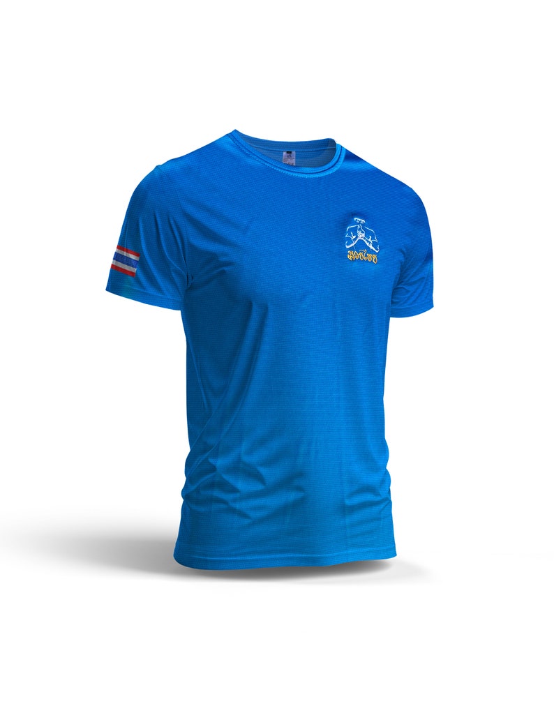 Puede incluir: Una camiseta deportiva azul brillante con cuello redondo y mangas cortas. La camiseta presenta un peque&ntilde;o gr&aacute;fico en el pecho y un dise&ntilde;o de rayas en la manga izquierda. La tela tiene un sutil patr&oacute;n texturizado.
